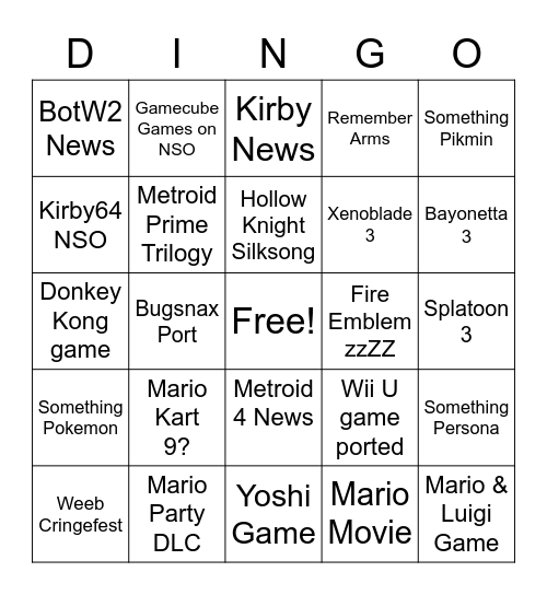 Nintendo Direct 2/9/22 Bingo Card