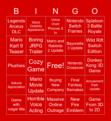 Nintendo Direct Bongos Bingo Card