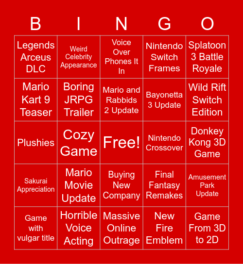 Nintendo Direct Bongos Bingo Card