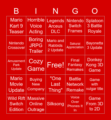 Nintendo Direct Bongos Bingo Card