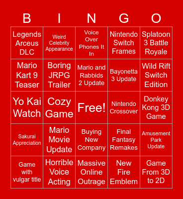 Nintendo Direct Bongos Bingo Card