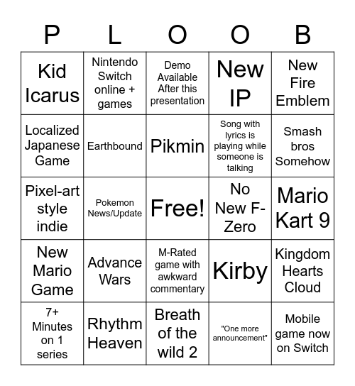 February 2022 Nintendo Direct Bingo Card