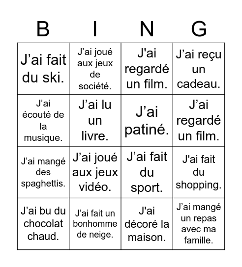 Vacances d'hiver Bingo Card