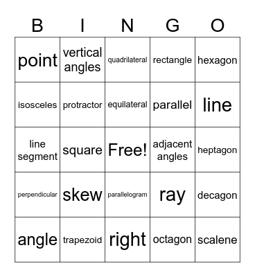 Geometry Vocabulary Bingo Card
