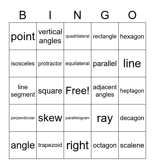 Geometry Vocabulary Bingo Card