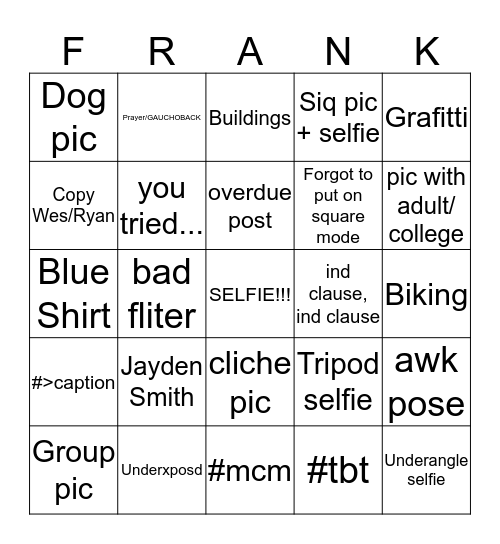 Franklinstagraam Bingo Card