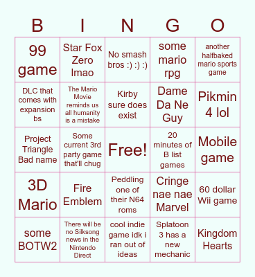 Nintendo direction Bingo Card