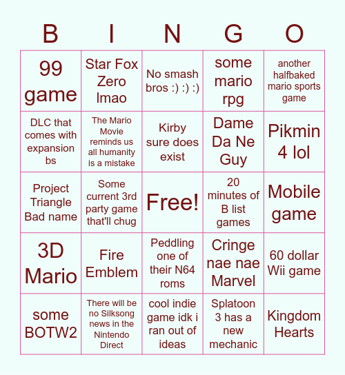 Nintendo direction Bingo Card