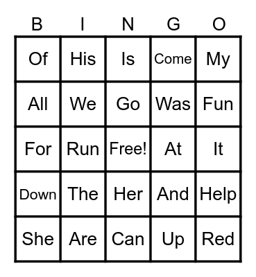 Sight Words Bingo Card