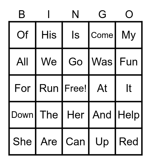 Sight Words Bingo Card