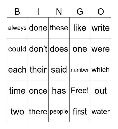 Sight Word Blackout Bingo Card
