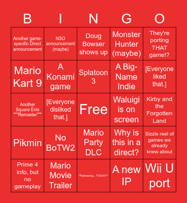 February 2022 Nintendo Direct Bingo Card