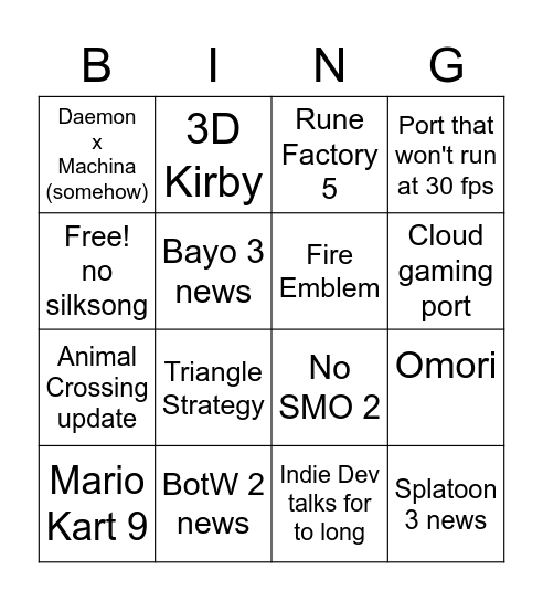 Nintendo Direct Feb 2022 Bingo Card