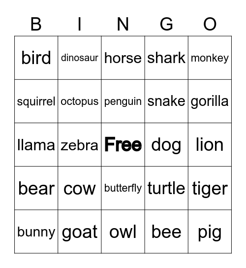 Animal Bingo Card