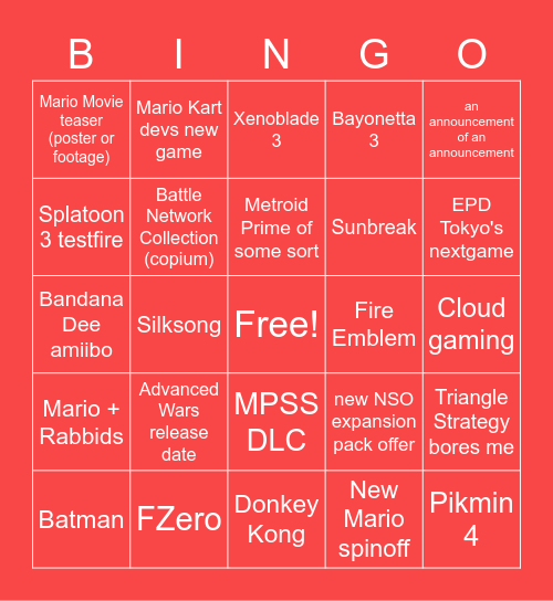 Nintendo Direct Bingo Card