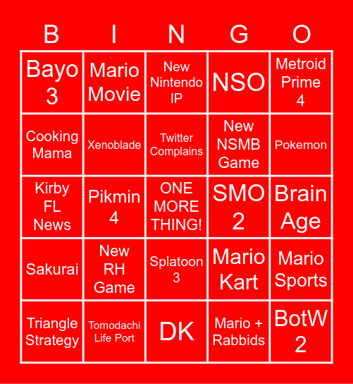 Nintendo Direct 2/9/2022  Bingo Card