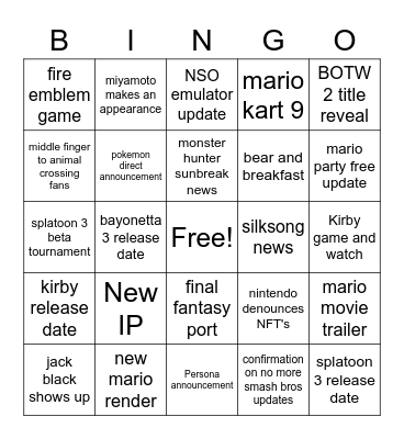 Nintendo Direct 2-09-22 Bingo Card