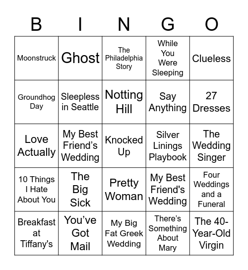Romantic Comedy's Bingo Card