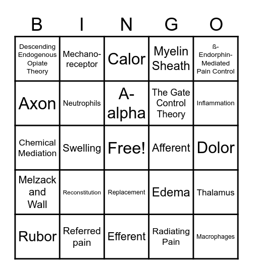 Tissue Response to Injury Bingo Card