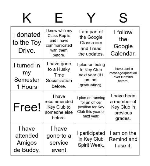 Key Club Bingo Card