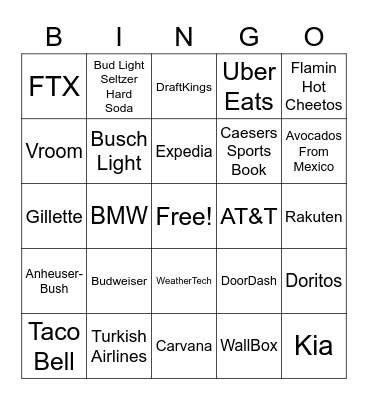 Super Bowl Bingo Card