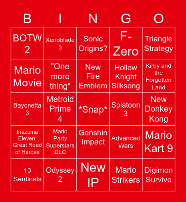 Nintendo Direct 2/9/22 Bingo Card