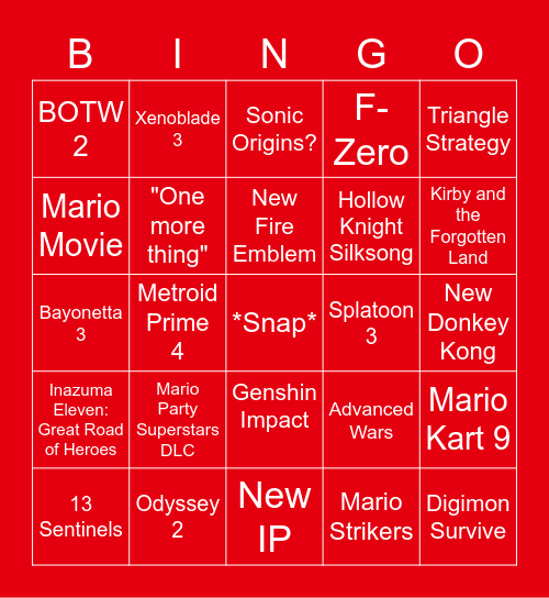 Nintendo Direct 2/9/22 Bingo Card