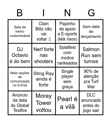 Nintendo Direct Splatoon Bingo Card