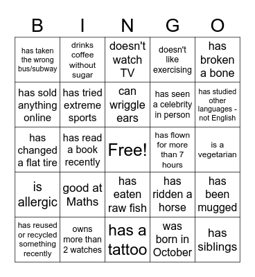 MAC 1 Bingo Card