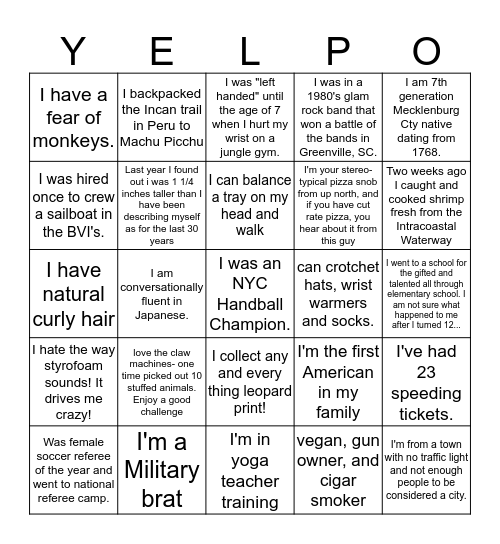 Yelp Charlotte Elite Squad Bingo Card