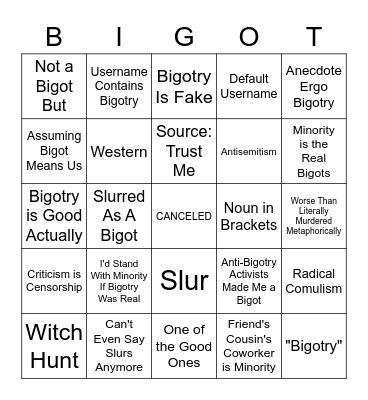 Non-denominational Persecution Fetish Bingo Card