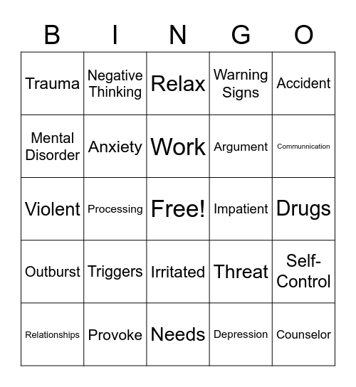 Anger Management Bingo Card