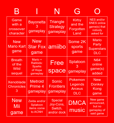 Nintendo Direct (Feb. 9, 2022) Bingo Card