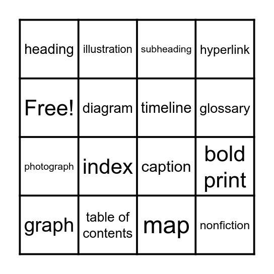 Text Features Bingo Card