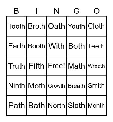 Voiceless TH in Final Position Bingo Card