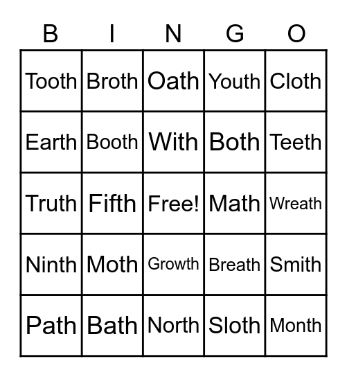 Voiceless TH in Final Position Bingo Card