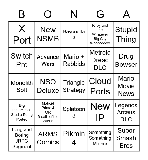 NINTENDO DIRECT Bingo Card