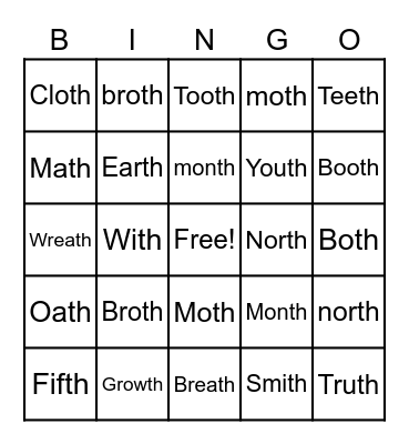 Voiceless TH in Final Position Bingo Card