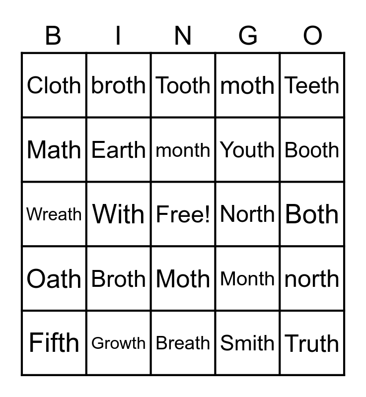 Voiceless TH In Final Position Bingo Card