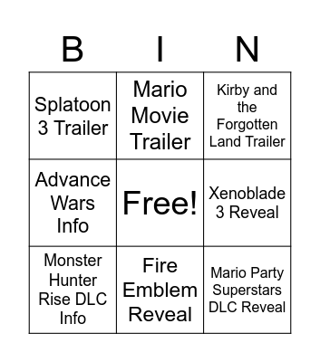 Nintendo Direct Bingo Card