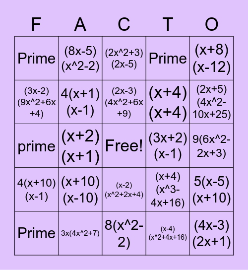 FACTORING BINGO Card
