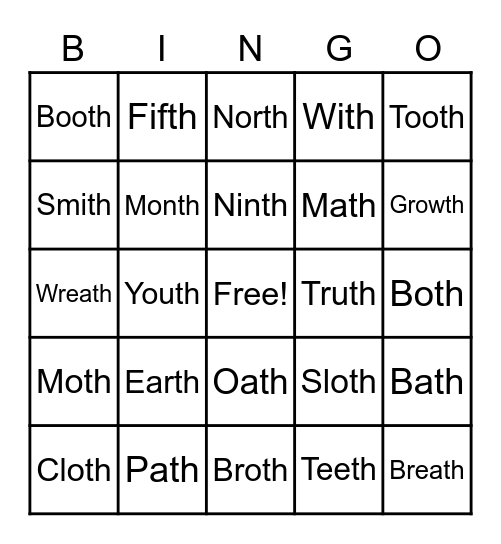 Voiceless TH in Final Position Bingo Card