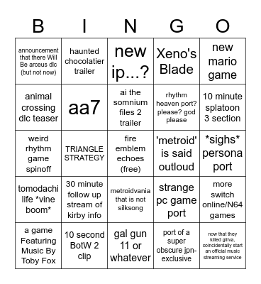 2/9 Nintendo Direct Bingo Card