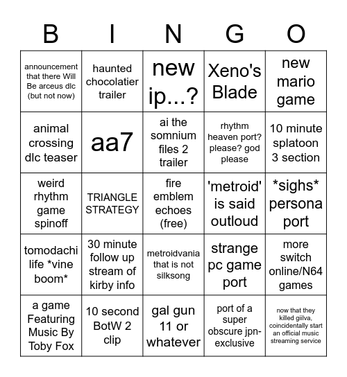 2/9 Nintendo Direct Bingo Card