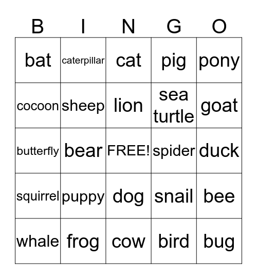Animal Bingo Card