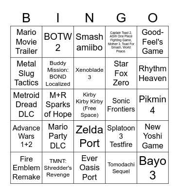 Nintendo Direct 2/9/22 Bingo Card