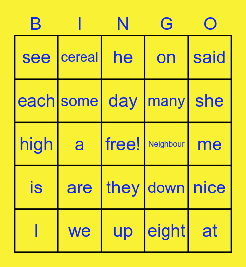 Sight Word Bingo Card