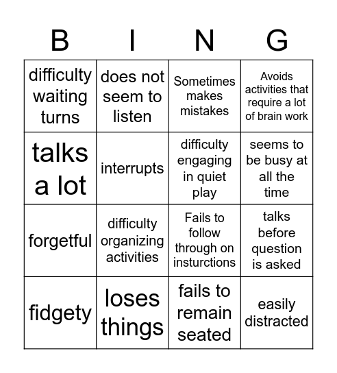 ADHD Bingo Card