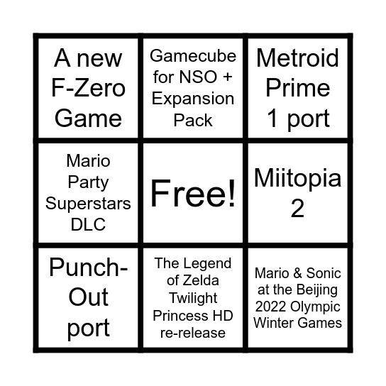 Nintendo Direct 2022 Bingo Card