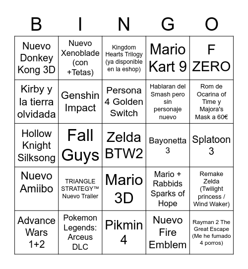 Nintendo Direct 10/2/2022 Bingo Card